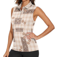 Hawaiian Quilt Tapa On Beige Palaka Motifs Women Sleeveless Polo Shirt LT7 - Polynesian Pride