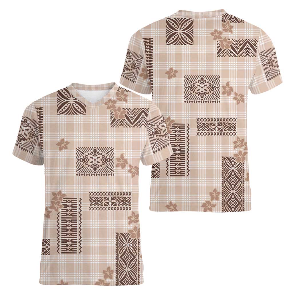 Hawaiian Quilt Tapa On Beige Palaka Motifs Women V-Neck T-Shirt LT7 - Polynesian Pride