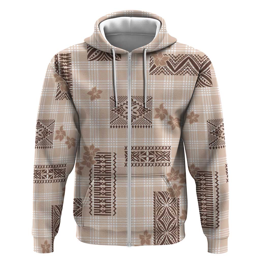 Hawaiian Quilt Tapa On Beige Palaka Motifs Zip Hoodie LT7 Zip Hoodie Beige - Polynesian Pride