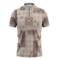 Hawaiian Quilt Tapa On Beige Palaka Motifs Zipper Polo Shirt