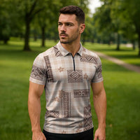 Hawaiian Quilt Tapa On Beige Palaka Motifs Zipper Polo Shirt