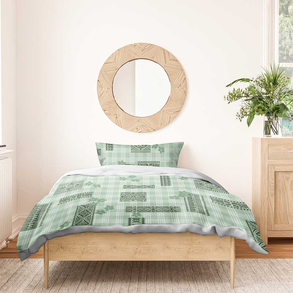 Hawaiian Quilt Tapa On Pastel Mint Palaka Motifs Bedding Set