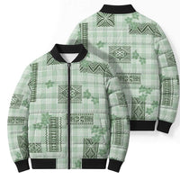 Hawaiian Quilt Tapa On Pastel Mint Palaka Motifs Bomber Puffer Jacket