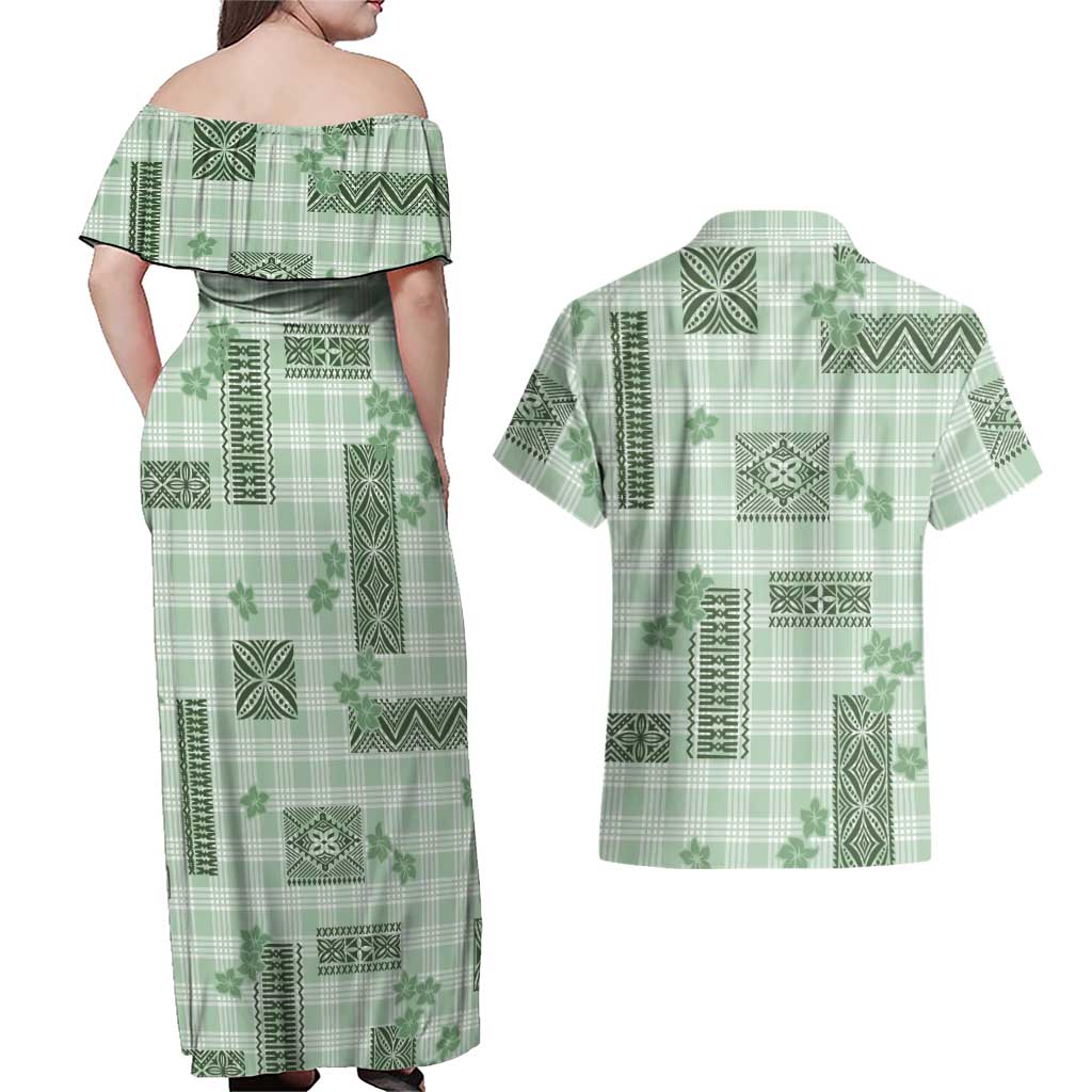 Hawaiian Quilt Tapa On Pastel Mint Palaka Motifs Couples Matching Off Shoulder Maxi Dress and Hawaiian Shirt LT7 - Polynesian Pride