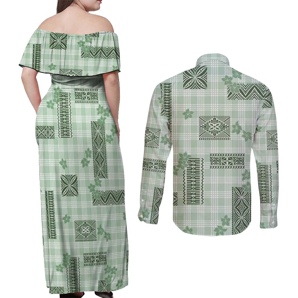 Hawaiian Quilt Tapa On Pastel Mint Palaka Motifs Couples Matching Off Shoulder Maxi Dress and Long Sleeve Button Shirt LT7 - Polynesian Pride