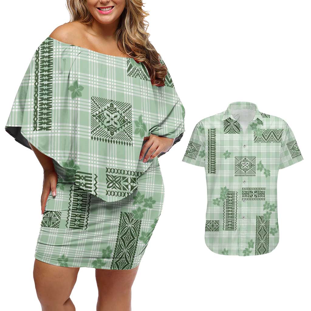 Hawaiian Quilt Tapa On Pastel Mint Palaka Motifs Couples Matching Off Shoulder Short Dress and Hawaiian Shirt LT7 Mint - Polynesian Pride
