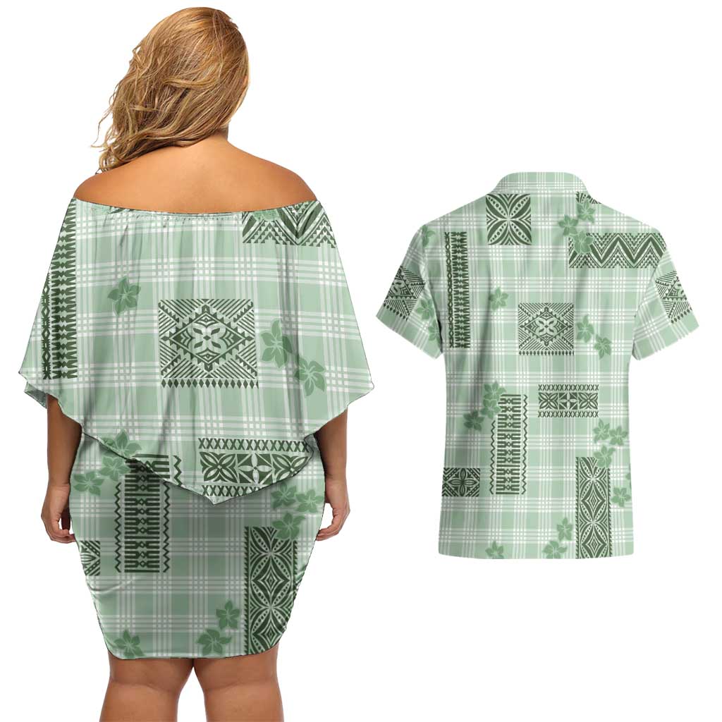 Hawaiian Quilt Tapa On Pastel Mint Palaka Motifs Couples Matching Off Shoulder Short Dress and Hawaiian Shirt LT7 - Polynesian Pride