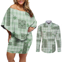 Hawaiian Quilt Tapa On Pastel Mint Palaka Motifs Couples Matching Off Shoulder Short Dress and Long Sleeve Button Shirt LT7 Mint - Polynesian Pride