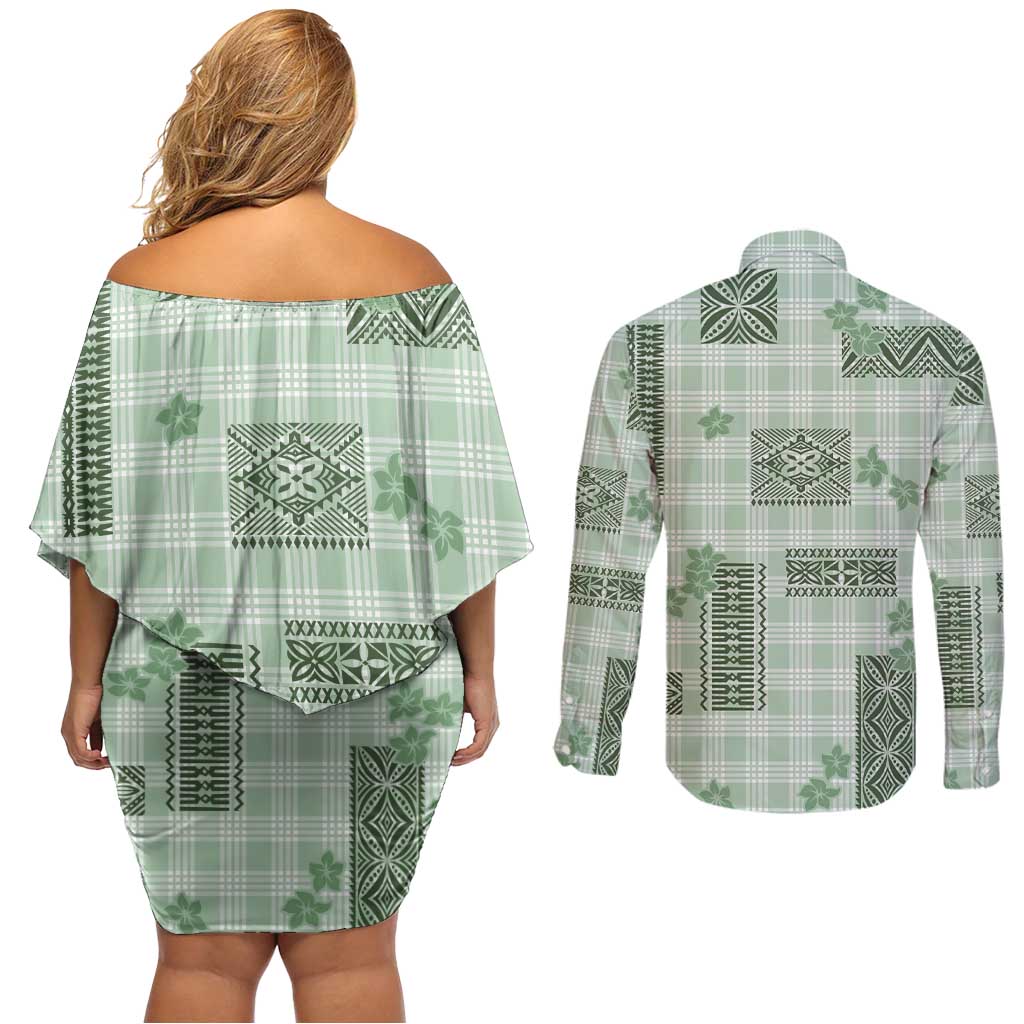 Hawaiian Quilt Tapa On Pastel Mint Palaka Motifs Couples Matching Off Shoulder Short Dress and Long Sleeve Button Shirt LT7 - Polynesian Pride