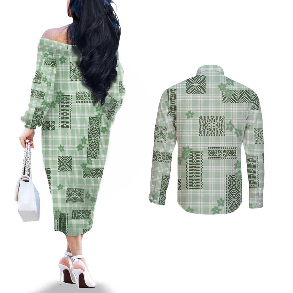 Hawaiian Quilt Tapa On Pastel Mint Palaka Motifs Couples Matching Off The Shoulder Long Sleeve Dress and Long Sleeve Button Shirt LT7 - Polynesian Pride