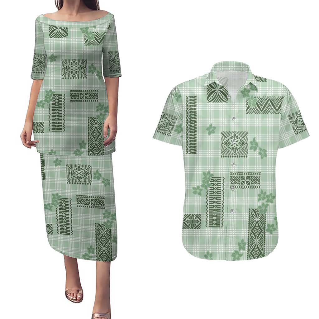 Hawaiian Quilt Tapa On Pastel Mint Palaka Motifs Couples Matching Puletasi and Hawaiian Shirt LT7 Mint - Polynesian Pride