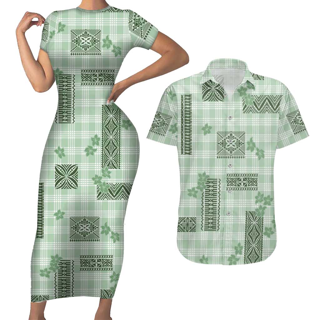 Hawaiian Quilt Tapa On Pastel Mint Palaka Motifs Couples Matching Short Sleeve Bodycon Dress and Hawaiian Shirt LT7 Mint - Polynesian Pride