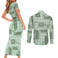Hawaiian Quilt Tapa On Pastel Mint Palaka Motifs Couples Matching Short Sleeve Bodycon Dress and Long Sleeve Button Shirt LT7 - Polynesian Pride