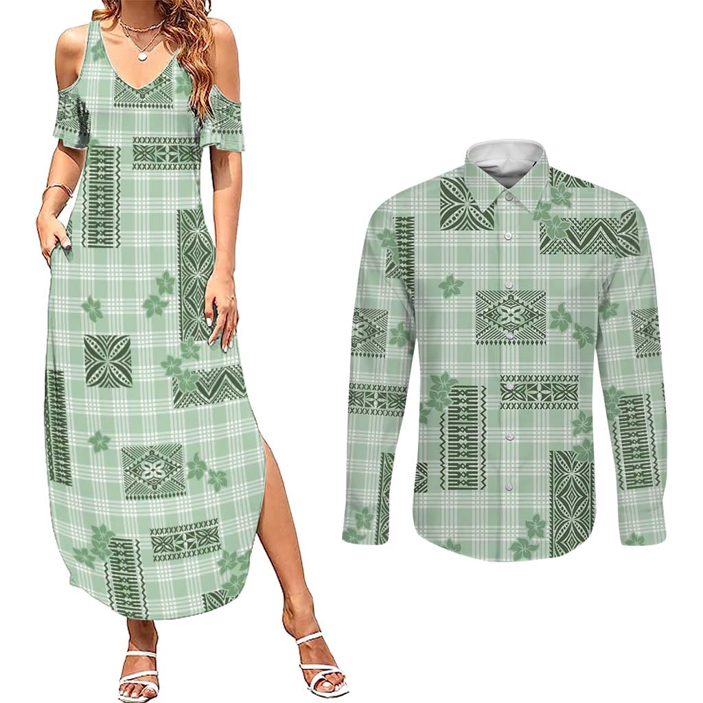 Hawaiian Quilt Tapa On Pastel Mint Palaka Motifs Couples Matching Summer Maxi Dress and Long Sleeve Button Shirt LT7 Mint - Polynesian Pride