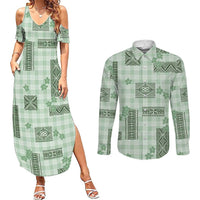 Hawaiian Quilt Tapa On Pastel Mint Palaka Motifs Couples Matching Summer Maxi Dress and Long Sleeve Button Shirt LT7 Mint - Polynesian Pride