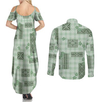 Hawaiian Quilt Tapa On Pastel Mint Palaka Motifs Couples Matching Summer Maxi Dress and Long Sleeve Button Shirt LT7 - Polynesian Pride