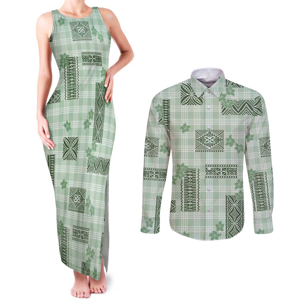 Hawaiian Quilt Tapa On Pastel Mint Palaka Motifs Couples Matching Tank Maxi Dress and Long Sleeve Button Shirt LT7 Mint - Polynesian Pride