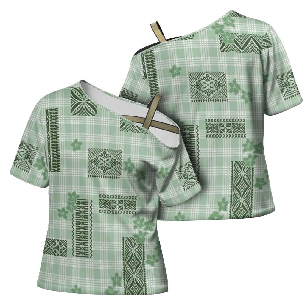 Hawaiian Quilt Tapa On Pastel Mint Palaka Motifs Cross Shoulder Shirt