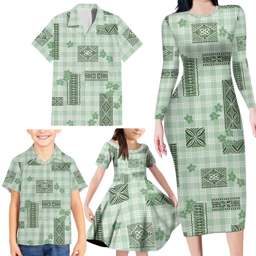 Hawaiian Quilt Tapa On Pastel Mint Palaka Motifs Family Matching Long Sleeve Bodycon Dress and Hawaiian Shirt