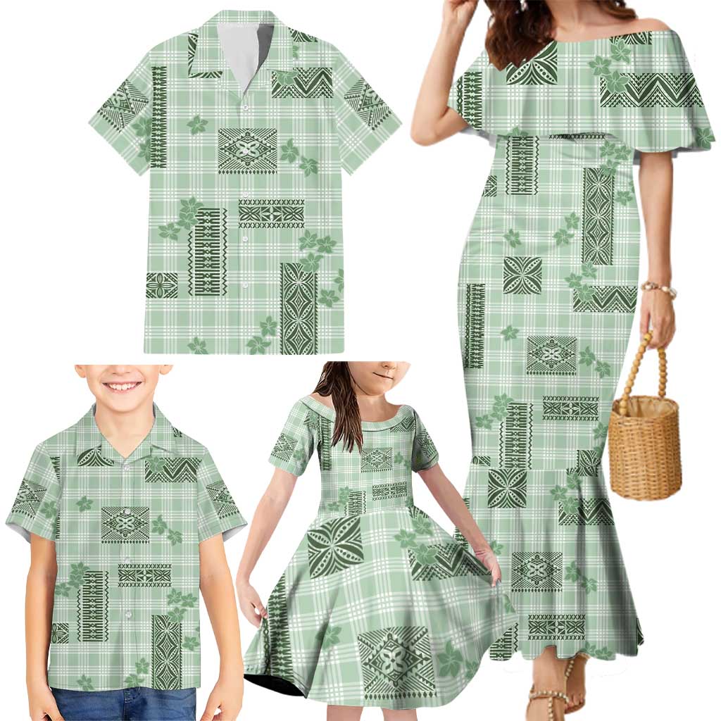 Hawaiian Quilt Tapa On Pastel Mint Palaka Motifs Family Matching Mermaid Dress and Hawaiian Shirt LT7 - Polynesian Pride