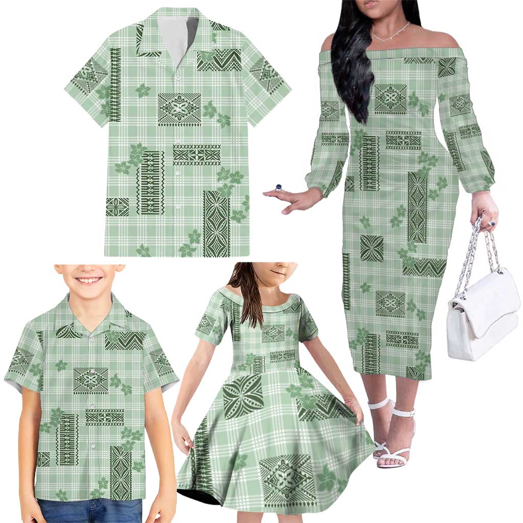 Hawaiian Quilt Tapa On Pastel Mint Palaka Motifs Family Matching Off The Shoulder Long Sleeve Dress and Hawaiian Shirt LT7 - Polynesian Pride