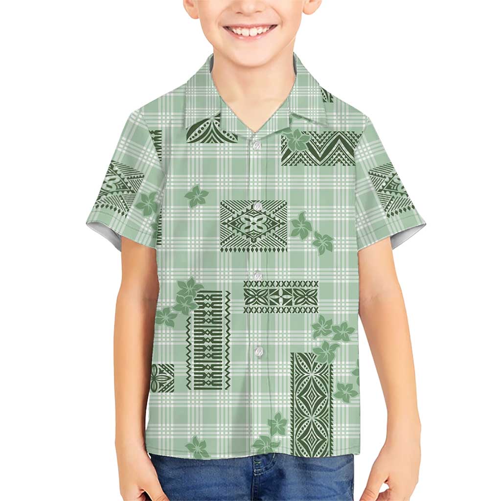 Hawaiian Quilt Tapa On Pastel Mint Palaka Motifs Family Matching Off The Shoulder Long Sleeve Dress and Hawaiian Shirt LT7 Son's Shirt Mint - Polynesian Pride