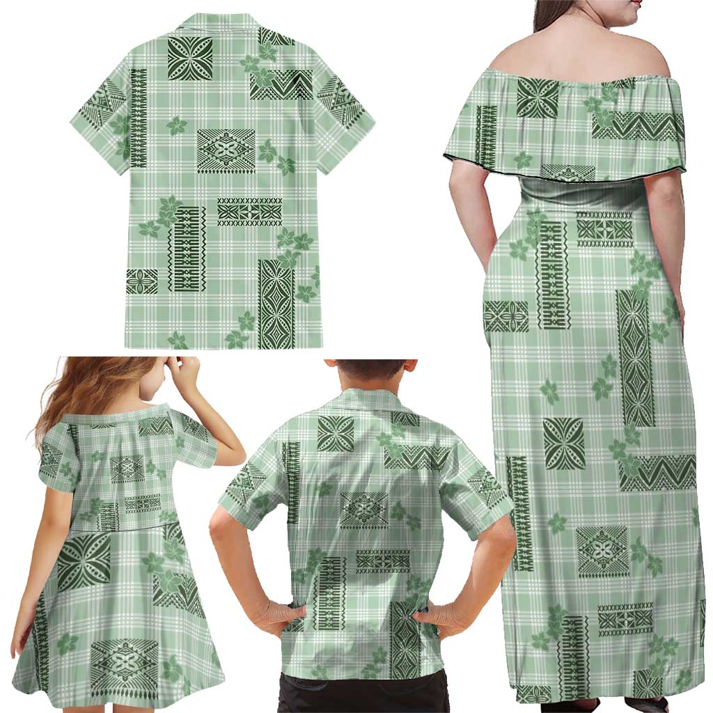 Hawaiian Quilt Tapa On Pastel Mint Palaka Motifs Family Matching Off Shoulder Maxi Dress and Hawaiian Shirt LT7 - Polynesian Pride