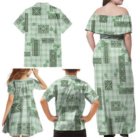Hawaiian Quilt Tapa On Pastel Mint Palaka Motifs Family Matching Off Shoulder Maxi Dress and Hawaiian Shirt LT7 - Polynesian Pride