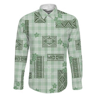 Hawaiian Quilt Tapa On Pastel Mint Palaka Motifs Family Matching Off Shoulder Maxi Dress and Hawaiian Shirt LT7 Dad's Shirt - Long Sleeve Mint - Polynesian Pride