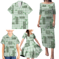 Hawaiian Quilt Tapa On Pastel Mint Palaka Motifs Family Matching Puletasi and Hawaiian Shirt LT7 - Polynesian Pride