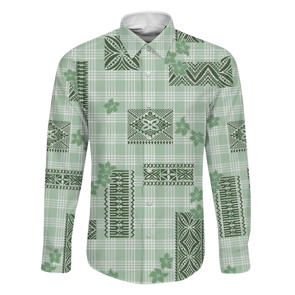 Hawaiian Quilt Tapa On Pastel Mint Palaka Motifs Family Matching Puletasi and Hawaiian Shirt LT7 Dad's Shirt - Long Sleeve Mint - Polynesian Pride