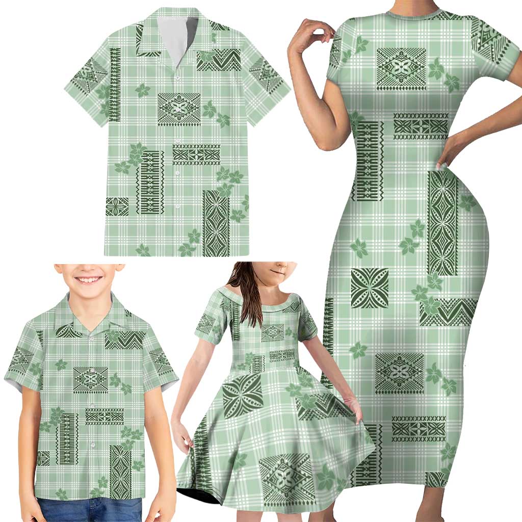 Hawaiian Quilt Tapa On Pastel Mint Palaka Motifs Family Matching Short Sleeve Bodycon Dress and Hawaiian Shirt LT7 - Polynesian Pride