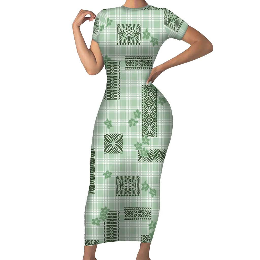 Hawaiian Quilt Tapa On Pastel Mint Palaka Motifs Family Matching Short Sleeve Bodycon Dress and Hawaiian Shirt LT7 Mom's Dress Mint - Polynesian Pride