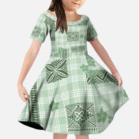 Hawaiian Quilt Tapa On Pastel Mint Palaka Motifs Family Matching Summer Maxi Dress and Hawaiian Shirt LT7 Daughter's Dress Mint - Polynesian Pride