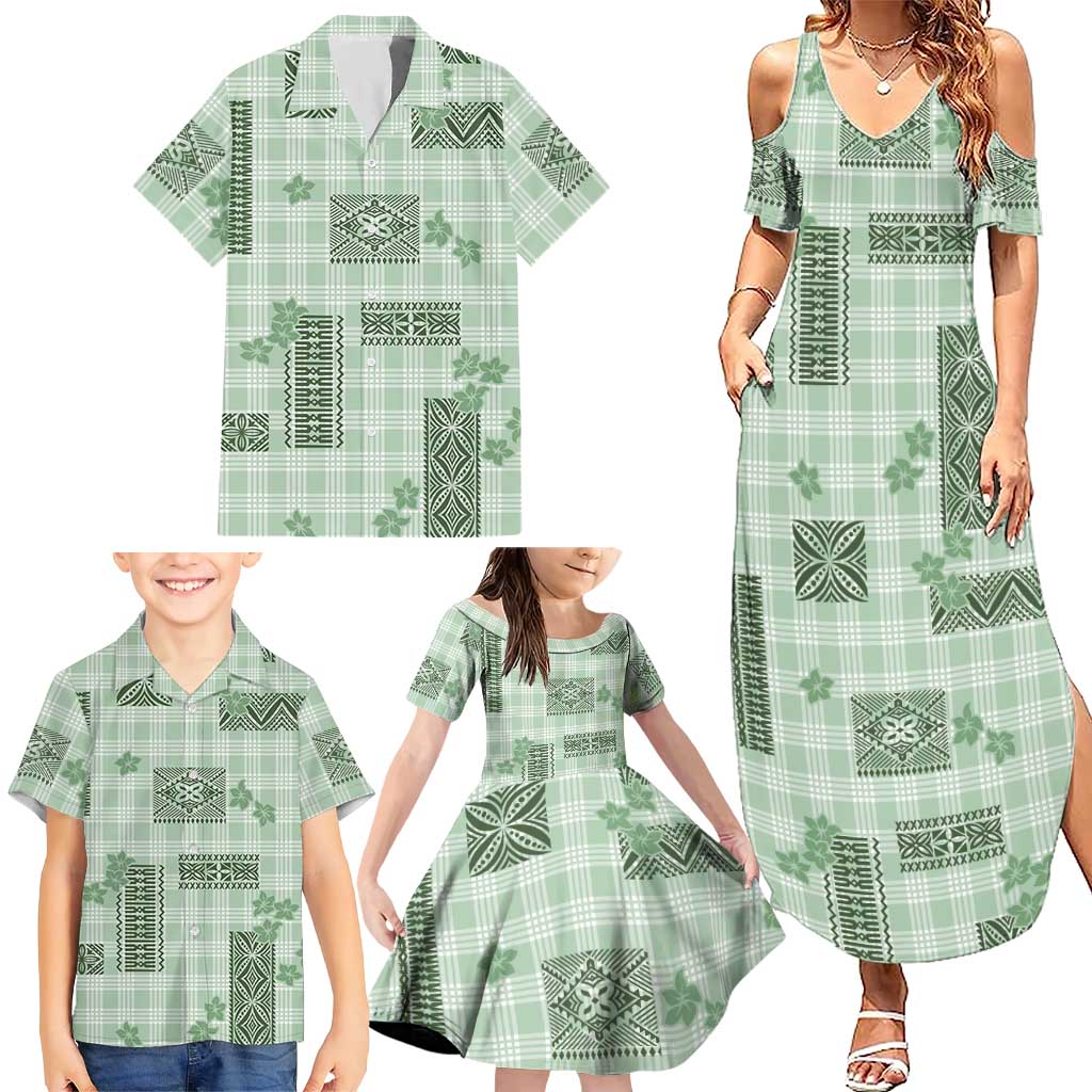 Hawaiian Quilt Tapa On Pastel Mint Palaka Motifs Family Matching Summer Maxi Dress and Hawaiian Shirt