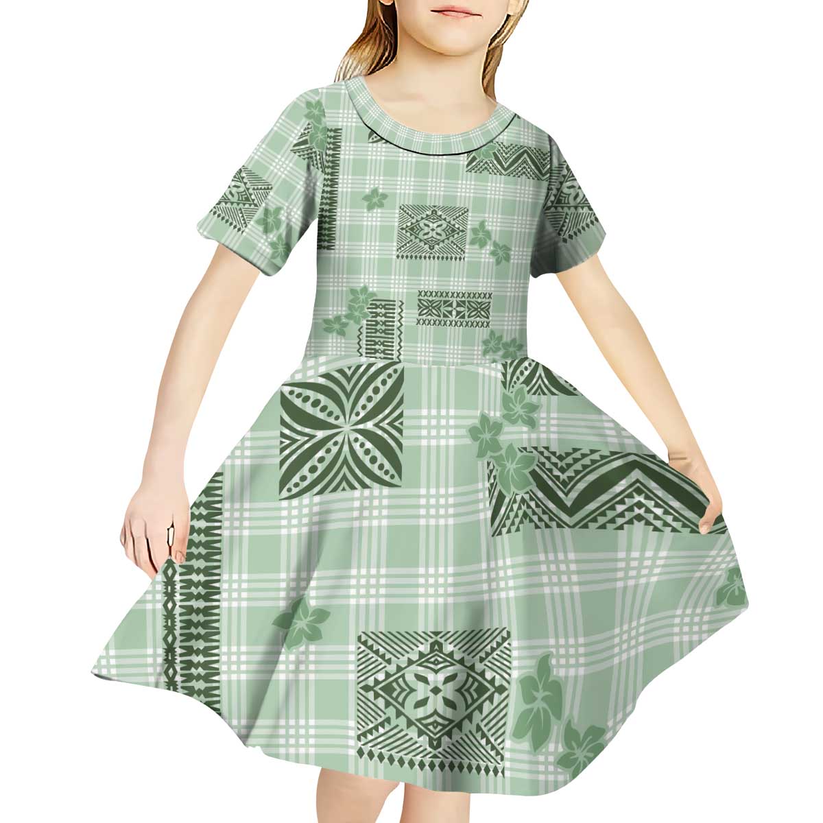 Hawaiian Quilt Tapa On Pastel Mint Palaka Motifs Kid Short Sleeve Dress
