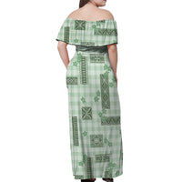 Hawaiian Quilt Tapa On Pastel Mint Palaka Motifs Off Shoulder Maxi Dress
