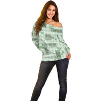 Hawaiian Quilt Tapa On Pastel Mint Palaka Motifs Off Shoulder Sweater