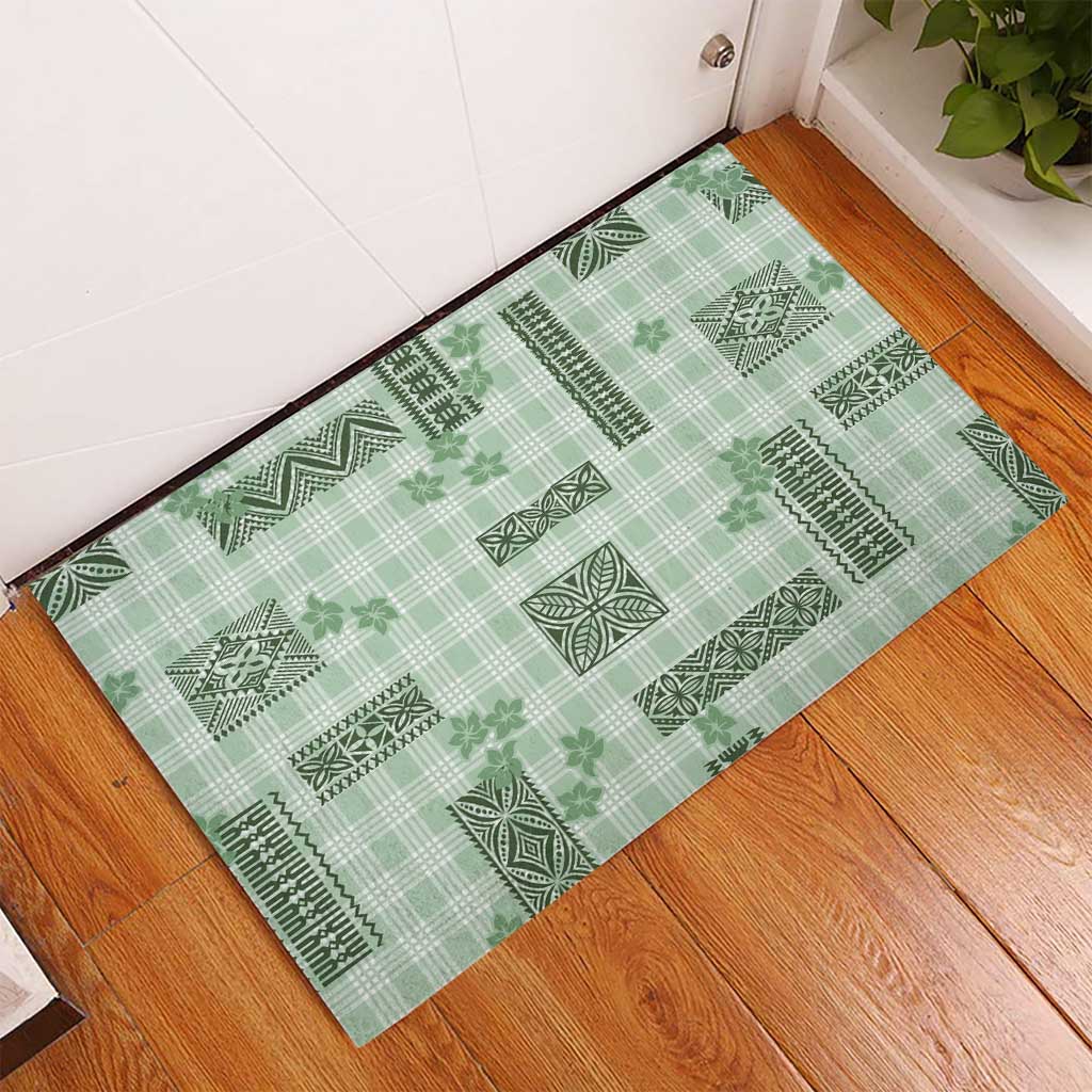 Hawaiian Quilt Tapa On Pastel Mint Palaka Motifs Rubber Doormat LT7 - Polynesian Pride