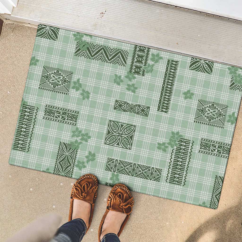 Hawaiian Quilt Tapa On Pastel Mint Palaka Motifs Rubber Doormat LT7 - Polynesian Pride