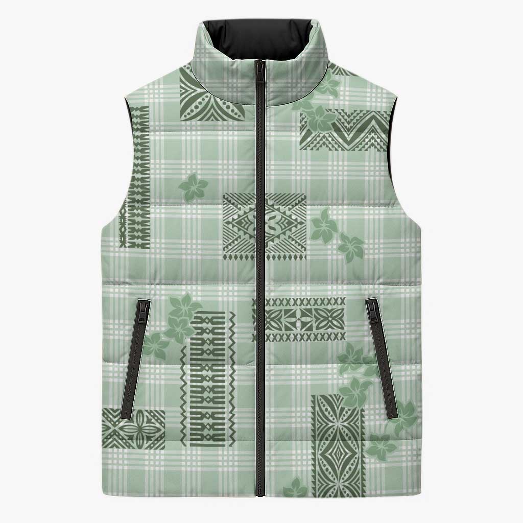 Hawaiian Quilt Tapa On Pastel Mint Palaka Motifs Sleeveless Puffer Jacket