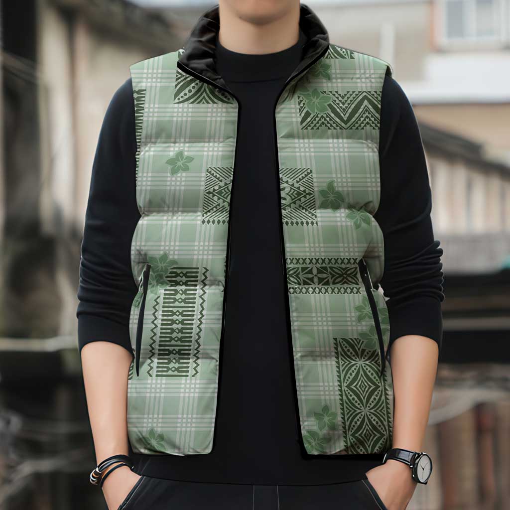 Hawaiian Quilt Tapa On Pastel Mint Palaka Motifs Sleeveless Puffer Jacket