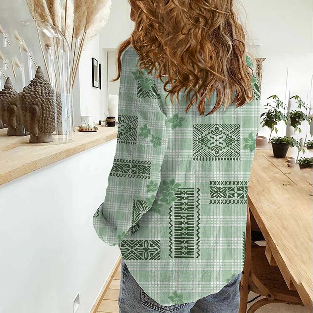 Hawaiian Quilt Tapa On Pastel Mint Palaka Motifs Women Casual Shirt LT7 - Polynesian Pride