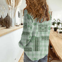 Hawaiian Quilt Tapa On Pastel Mint Palaka Motifs Women Casual Shirt LT7 - Polynesian Pride