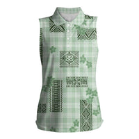 Hawaiian Quilt Tapa On Pastel Mint Palaka Motifs Women Sleeveless Polo Shirt LT7 Female Mint - Polynesian Pride