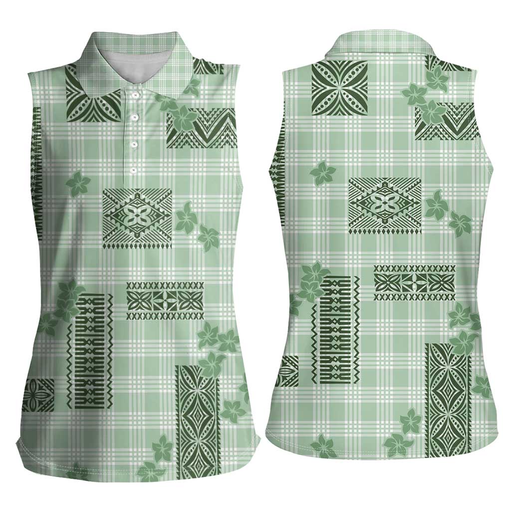 Hawaiian Quilt Tapa On Pastel Mint Palaka Motifs Women Sleeveless Polo Shirt LT7 - Polynesian Pride