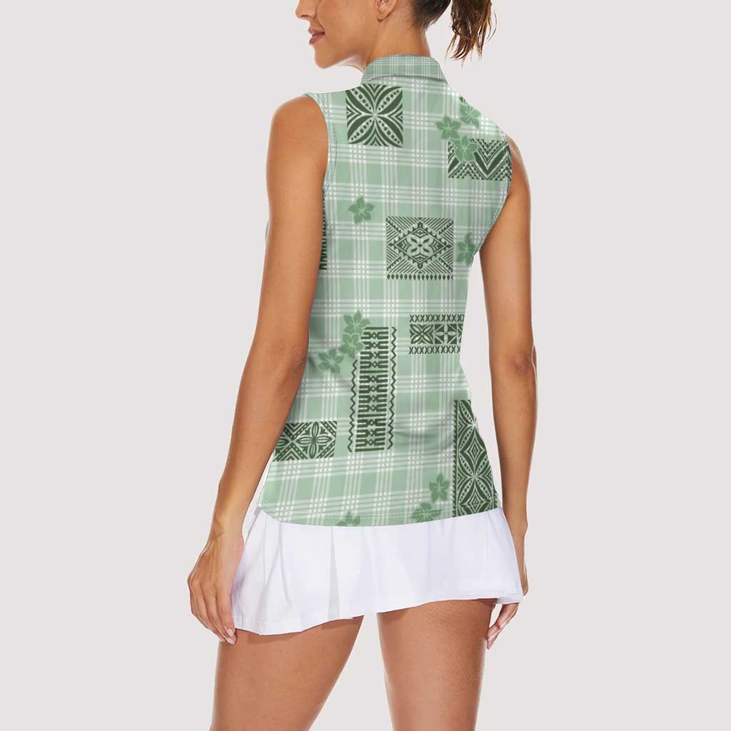 Hawaiian Quilt Tapa On Pastel Mint Palaka Motifs Women Sleeveless Polo Shirt LT7 - Polynesian Pride