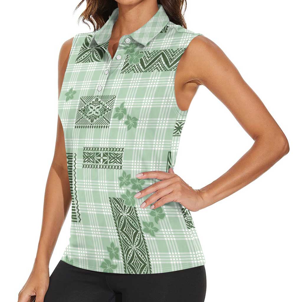 Hawaiian Quilt Tapa On Pastel Mint Palaka Motifs Women Sleeveless Polo Shirt LT7 - Polynesian Pride