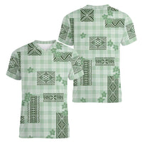 Hawaiian Quilt Tapa On Pastel Mint Palaka Motifs Women V-Neck T-Shirt LT7 - Polynesian Pride