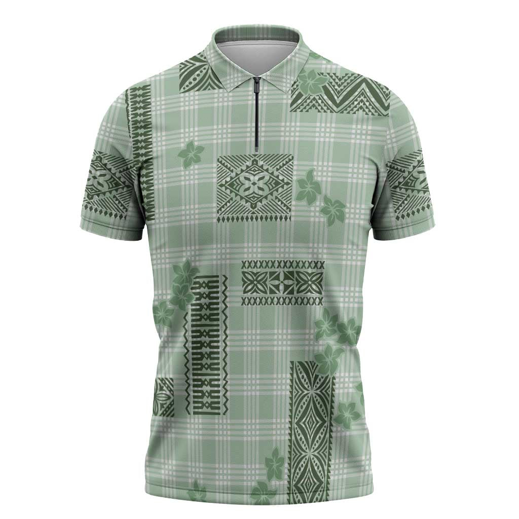 Hawaiian Quilt Tapa On Pastel Mint Palaka Motifs Zipper Polo Shirt